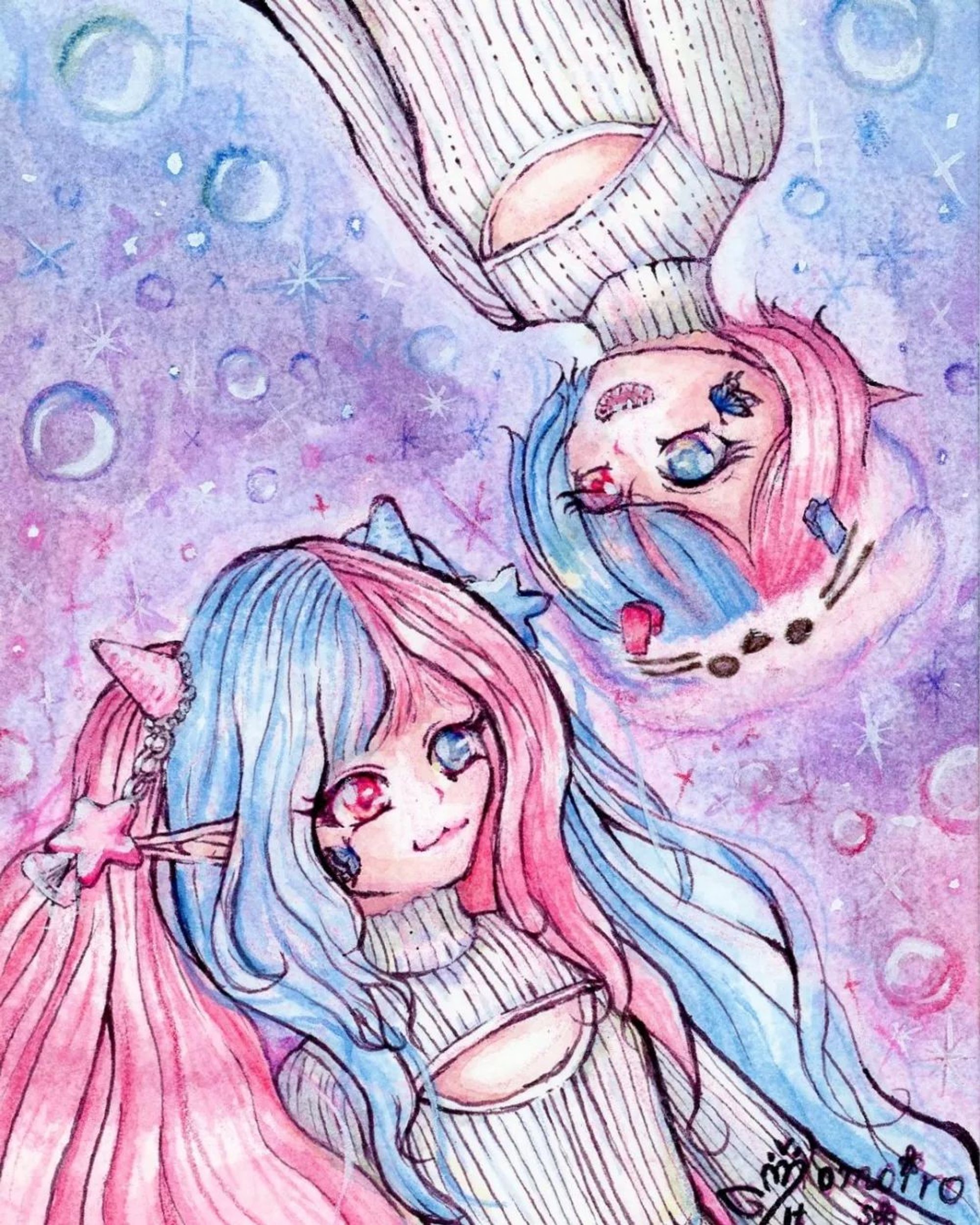 【Commission】
ドールオーナー
折流紙吽さんの
名刺用イラストを制作させていただきました!

シュガーチェリーちゃんと
チェリーシュガーちゃんという
淡いツートーンカラーカラーの
髪色が素敵なドールちゃんです!🩵🩷

ご依頼、ありがとうございました!

#illustration #drawing #art #watercolor #paints #pink #blue #doll #イラスト #ドール #ピンク #ブルー #水彩画アート #ご依頼-1